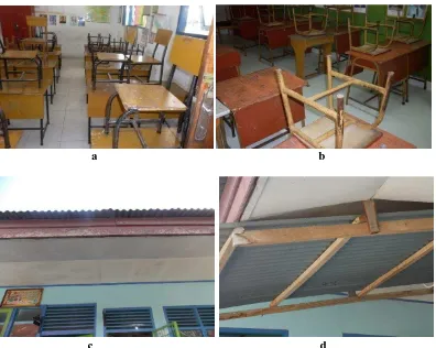 Gambar 2. Komponen bangunan yang memakai baja ringan : a dan b. Kursi dan meja. Komponen yang terbuat dari kayu : c