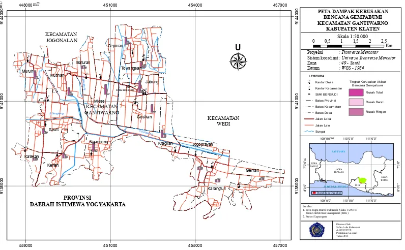 Gambar 1.2 Peta Dampak Kerusakan Bencana Gempabumi Kecamatan Gantiwarno Kabupaten Klaten