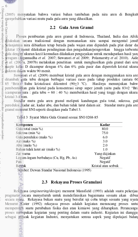 Tabel 3  Syarat Mutu Gula Granul sesuai SNI 0268-85 