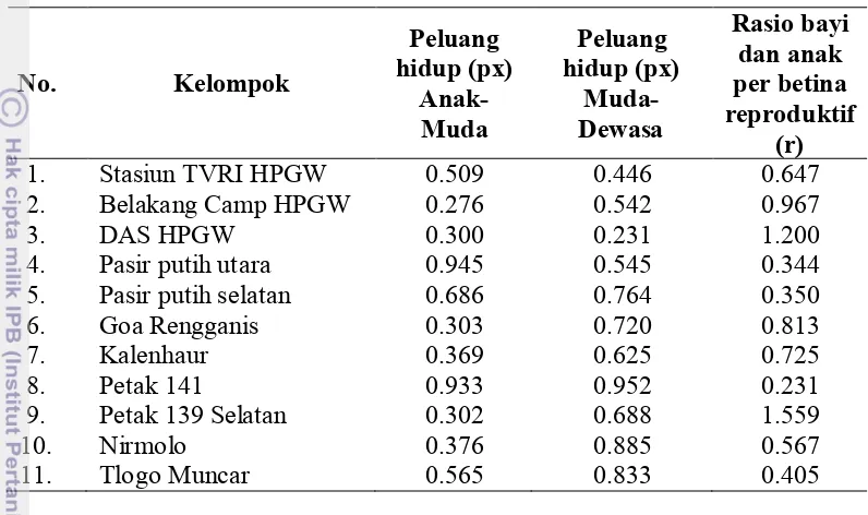 Tabel 3 Peluang hidup dan rasio jumlah bayi dan anak terhadap betina reproduktif  kelompok MEP di seluruh lokasi   pengamatan 