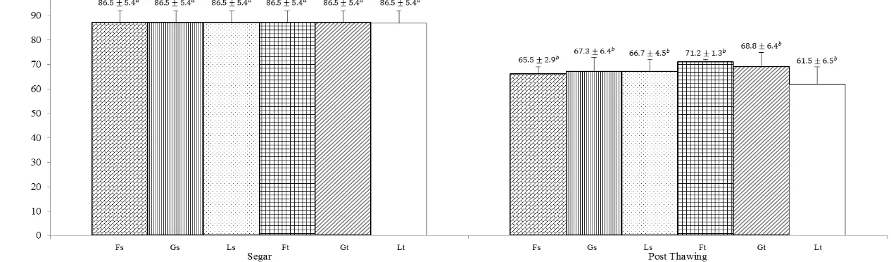 Gambar 4 Persentase status akrosom spermazoa semen segar dan post thawing. Superscript dengan huruf yang berbeda (a, b) pada bar yang sama menunjukkan perbedaan yang nyata (P<0.05)