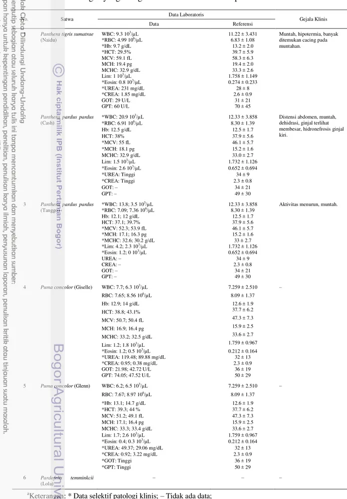 Tabel 1  Data selektif patologi klinis pada satwa liar Felidae di Taman Safari Indonesia  Cisarua Bogor yang mengalami fraktur ekstremitas pada tahun 2011 –2014 