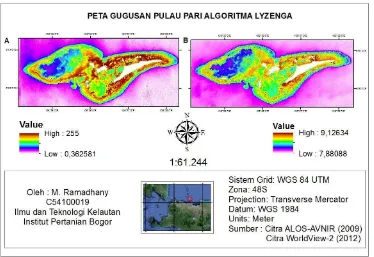 Gambar 8  Histogram hasil transformasi algoritma menggunakan “depth invariant       index” untuk citra satelit, A) ALOS AVNIR dan B) WorldView-2 