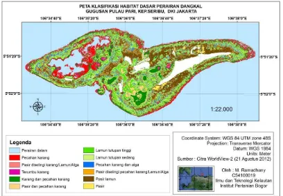Gambar 9 Peta tematik habitat perairan laut dangkal berdasarkan hasil analisis         Worldview-2 menggunakan algoritma Lyzenga pada (Kanal 2 dan 3) 