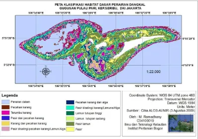 Gambar 10 Peta tematik habitat perairan laut dangkal berdasarkan hasil analisis          ALOS AVNIR menggunakan algoritma Lyzenga pada (Kanal 1 dan 2) 