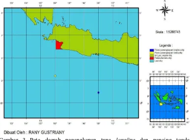 Gambar 3 Peta daerah penangkapan tuna longline dan pancing tonda  Palabuhanratu Sumber: ArcView GIS 3.3 