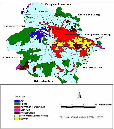 Gambar 13  Peta Kabupaten Bandung sebagai lokasi studi kasus (Interpretasi Citra Landsat 7 ETM+ 2003) 