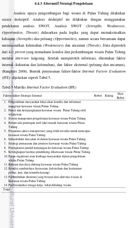 Tabel 5 Matriks Internal Factor Evaluation (IFE) 