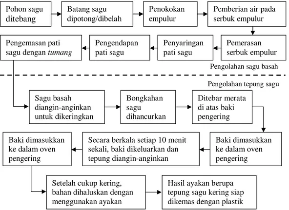 Gambar  2  Diagram  alir  proses  pengolahan  sagu  basah  dan  tepung  sagu  kering  dengan teknologi sederhana 