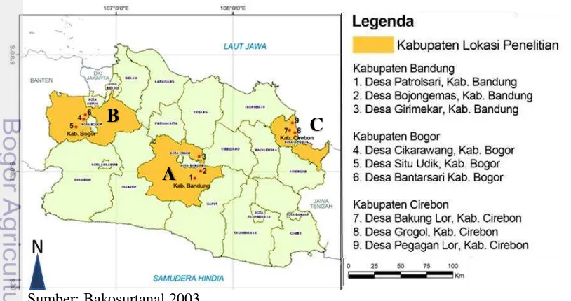 Gambar 4 Lokasi penelitian di A) Kabupaten Bandung, B) Kabupaten Bogor, dan 