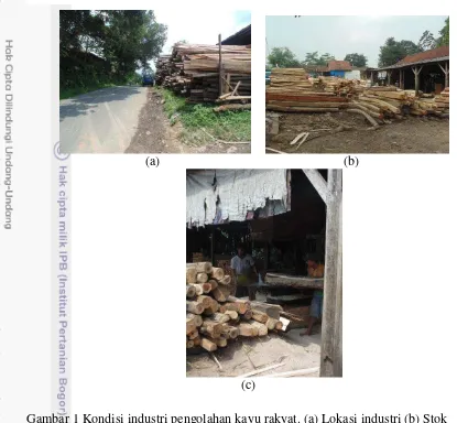 Gambar 1 Kondisi industri pengolahan kayu rakyat. (a) Lokasi industri (b) Stok 