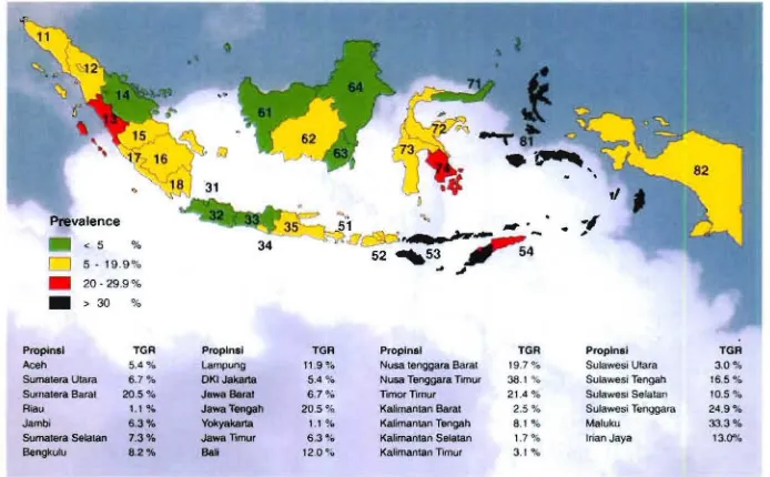 Gambar 6.  Prevalensi Total  Goiter Rate di  Indonesia berdasarkan Propinsi, 1998 