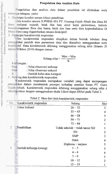 Tabel 2 Skor dari data karakteristik responden 