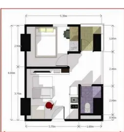 Gambar 0.4 Denah 1BR Student castle apartment Sumber : (studentcastle apartment yogyakarta, 2016)  