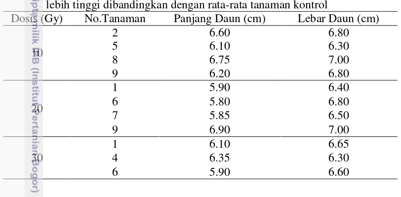 Tabel 5 Unit-unit percobaan dengan kombinasi nilai panjang dan lebar daun yang 