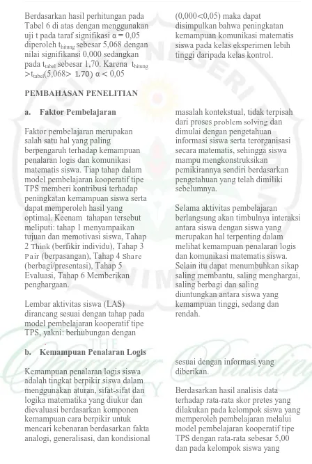 Tabel 6 di atas dengan menggunakan uji t pada taraf signifikasi diperoleh tα = 0,05 sebesar 5,068 dengan 