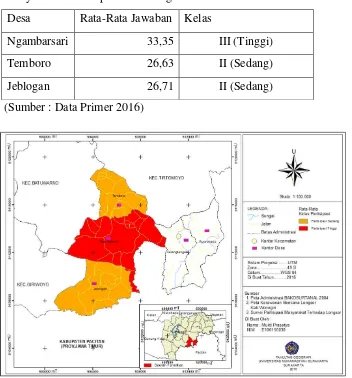 Gambar 3.7 Peta Rata Kelas Partisipasi Masyarakat Terhadap Bencana Tanah Longsor di Kecamatan Karangtengah 