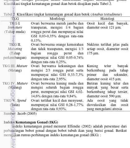 Tabel 2  Klasifikasi tingkat kematangan gonad ikan betok (Anabas testudineus) 