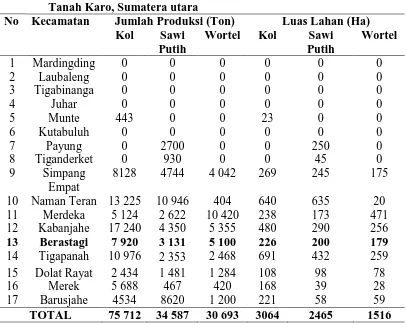 Tabel 2. Jumlah produksi dan luas lahan komoditas sayuran Kabupaten Tanah Karo, Sumatera utara 