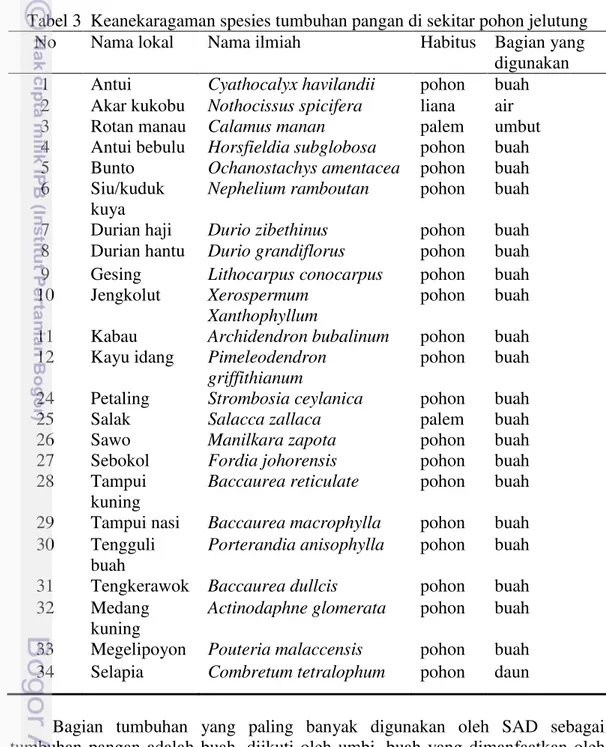 Tabel 3  Keanekaragaman spesies tumbuhan pangan di sekitar pohon jelutung  No   Nama lokal  Nama ilmiah  Habitus   Bagian yang 