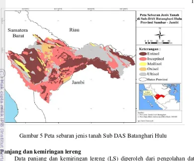 Gambar 5 Peta sebaran jenis tanah Sub DAS Batanghari Hulu 