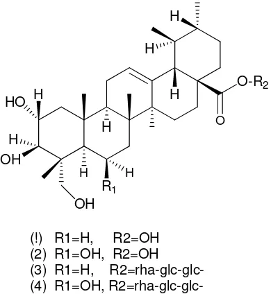 Gambar 2. Struktur kimia triterpenoid pada daun pegagan (1) asiatic acid,(2) madecassic acid, (3) asiaticoside, (4) madecassoside