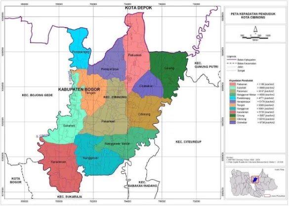 Gambar 8   Peta kepadatan penduduk per desa/kelurahan di Kecamatan Cibinong tahun 2006 