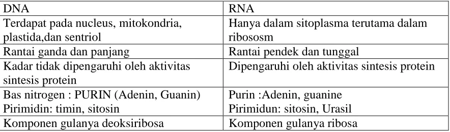 Tabel perbandingan DNA dan RNA  yang benar adalah :  DNA 