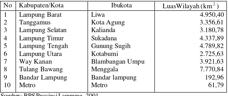 Tabel 4.1. Kabupaten/Kota di Provinsi Lampung tahun 2001 