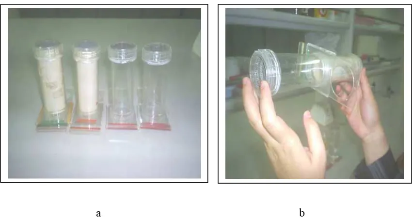 Gambar 17. Peralatan pengujian resistensi nyamuk  Aedes aegpti terhadap malation.  a. Tabung pengujian resistensi nyamuk dewasa terhadap malation b