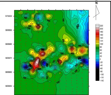 Gambar 14.  Peta kontur anomali magnetik daerah penelitian interval 200 nT