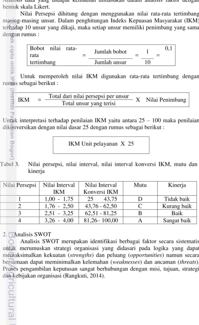 Tabel 3. Nilai persepsi, nilai interval, nilai interval konversi IKM, mutu dan 