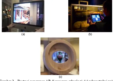 Gambar 2Ilustrasi penerapan AR di museum arkeologi: (a) rekonstruksi puingkuil tiga dimensi, (b) penyampaian informasi artifak arkeologi, dan(c) penyampaian informasi artifak arkeologi secara interaktif.
