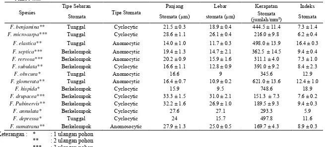 Tabel 2. Tipe Sebaran Stomata, Tipe Stomata, Panjang Stomata, Lebar stomata, Kerapatan Stomata, dan Indeks Stomata Dari 14 Jenis Ficus 