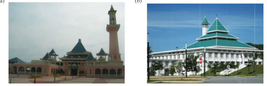 Figure 1. Mosques in Melaka, Malaysia with pyramidal roof: (a) Al-Alami mosque and (b) Sayyidina AbuBakar mosque.