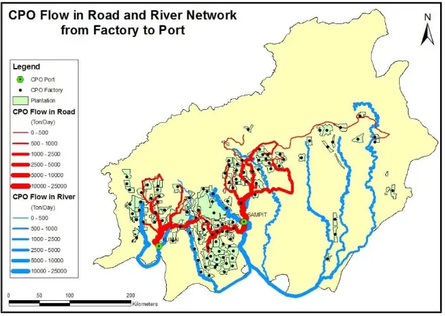FIGURE 5. CPO flows on the road and river networks 