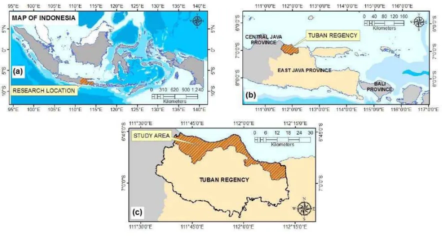 Figure 1. Research area of: (a) East Java Province; (b) Tuban Regency; and (c) the north coast of Tuban