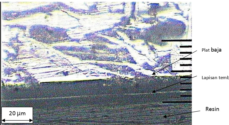 Gambar 4.6. Foto Stuktur Mikro Baja Karbon Rendah dengan waktu tahan celup 8 detik dengan arus 15 ampere dan tegangan 9 volt didapat ketebalan 2,14 µm perbesaran 200x
