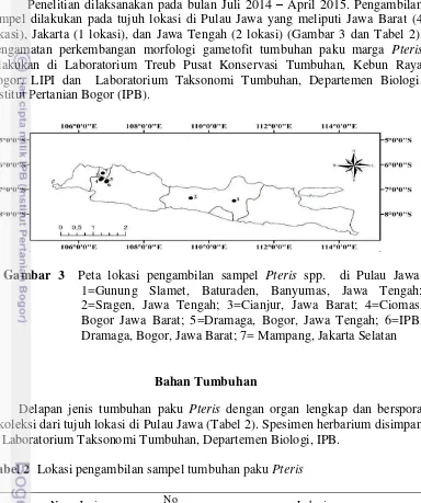 Gambar 3  Peta lokasi pengambilan sampel Pteris spp.  di Pulau Jawa. 