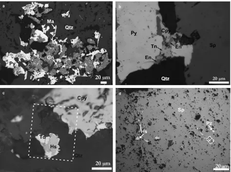 Fig. 8 Reﬂected light photomicrographs showing ore minerals from Arinem vein. (a) ﬁne-crystalline galena (Gn) as veinletin sphalerite (Sp), marcasite (Ma) intergrowth with pyrite (Py) in quartz, sample from substage IB/L440m; (b) pyriteassociated with chal