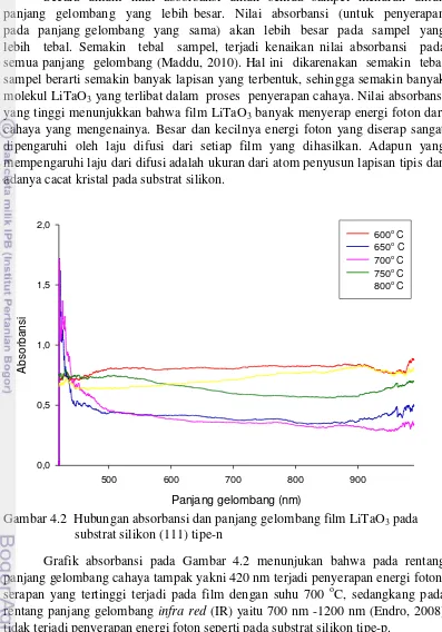 Gambar 4.2  Hubungan absorbansi dan panjang gelombang film LiTaO3 pada substrat silikon (111) tipe-n 