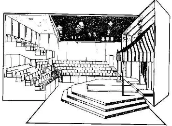 Gambar 1. Perspektif (Sumber : teater proscenium   Wilson, Edwin & Goldfarb, Alvin. 1991)  