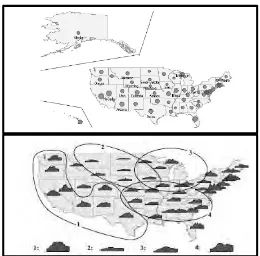 Gambar 7.   [atas] pemodelan analisis spasial distribusi rerata kejadian perampokan di USA tahun 1960, [bawah] pemodelan analisis spatio-temporal menggambarkan pola kejadian dari waktu ke waktu perampokan di USA (Sumber: Andrienko, 2006: 101)