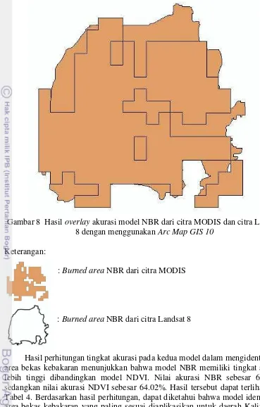 Gambar 8  Hasil overlay akurasi model NBR dari citra MODIS dan citra Landsat 