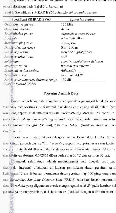 Tabel 3. Spesifikasi SIMRAD EY60 scientific echosounder system 