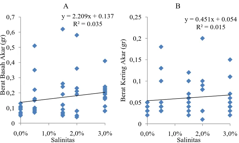 Gambar 8. Analisis regresi variasi salinitas terhadap variabel berat basah akar (A) dan berat kering akar (B) semai A