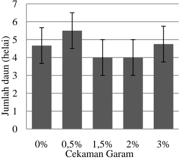 Gambar 2. Pengaruh cekaman garam  terhadap  pertambahan jumlah  daun S. alba  pada     umur 3 bulan