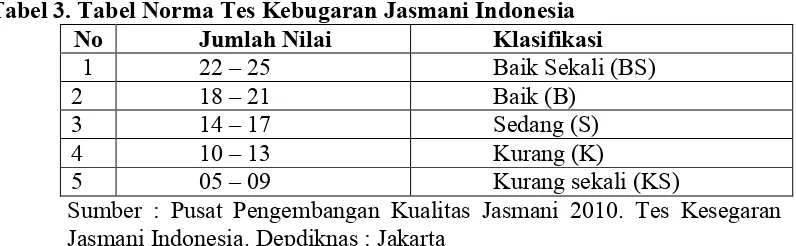Tabel 2. Tabel Nilai Tes Kebugaran Jasmani Indonesia untuk Putra Umur