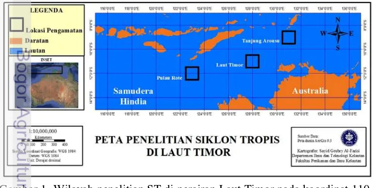 Gambar 1  Wilayah penelitian ST di perairan Laut Timor pada koordinat 110-137o BT hingga 7-11o LS