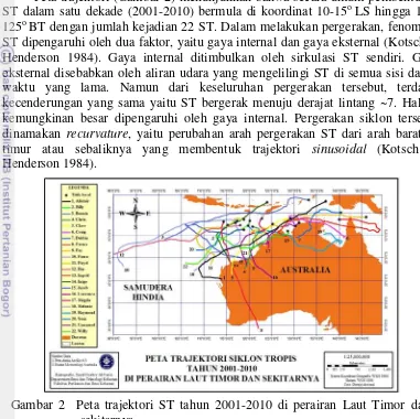 Gambar 2  Peta trajektori ST tahun 2001-2010 di perairan Laut Timor dan 